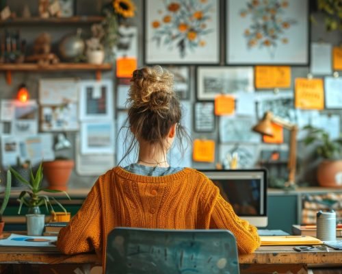 A woman is seated at a desk, working on a laptop computer in a room decorated with a variety of items like a plant, picture frame, and flowerpot